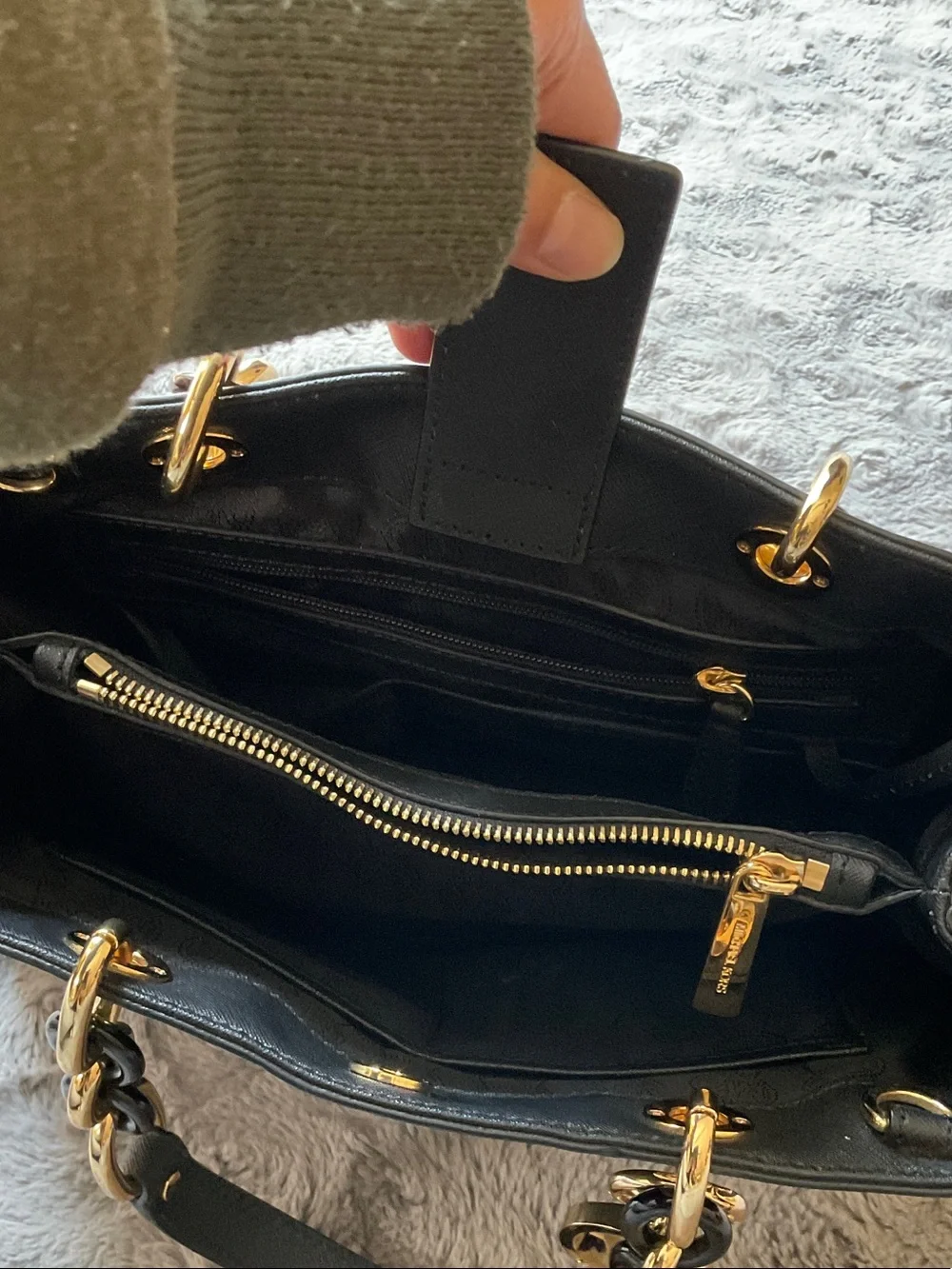 Michael Kors Black Leather Shoulder Tote with Gold Chain Trim